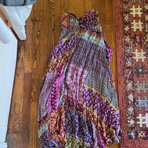 Boho Strapless Maxi Dress in Purple & Teal Patchwork Print